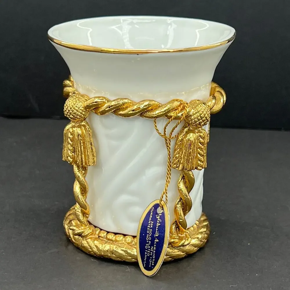 Stylebuilt Gold Plated Ormolu Porcelain Tassel Soap Dish and Toothbrush Holder